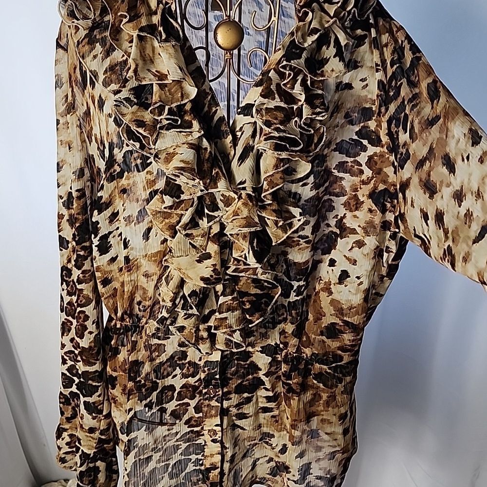 Vintage Spiegel Double Ruffle Neckline Long Sleeved Leopard Print Blouse - Picture 2 of 10